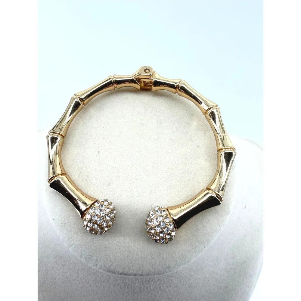 Gold Bamboo Hinged Cuff Bracelet Rhinestone Orb Bypass Bangle Statement‎ Jewelry